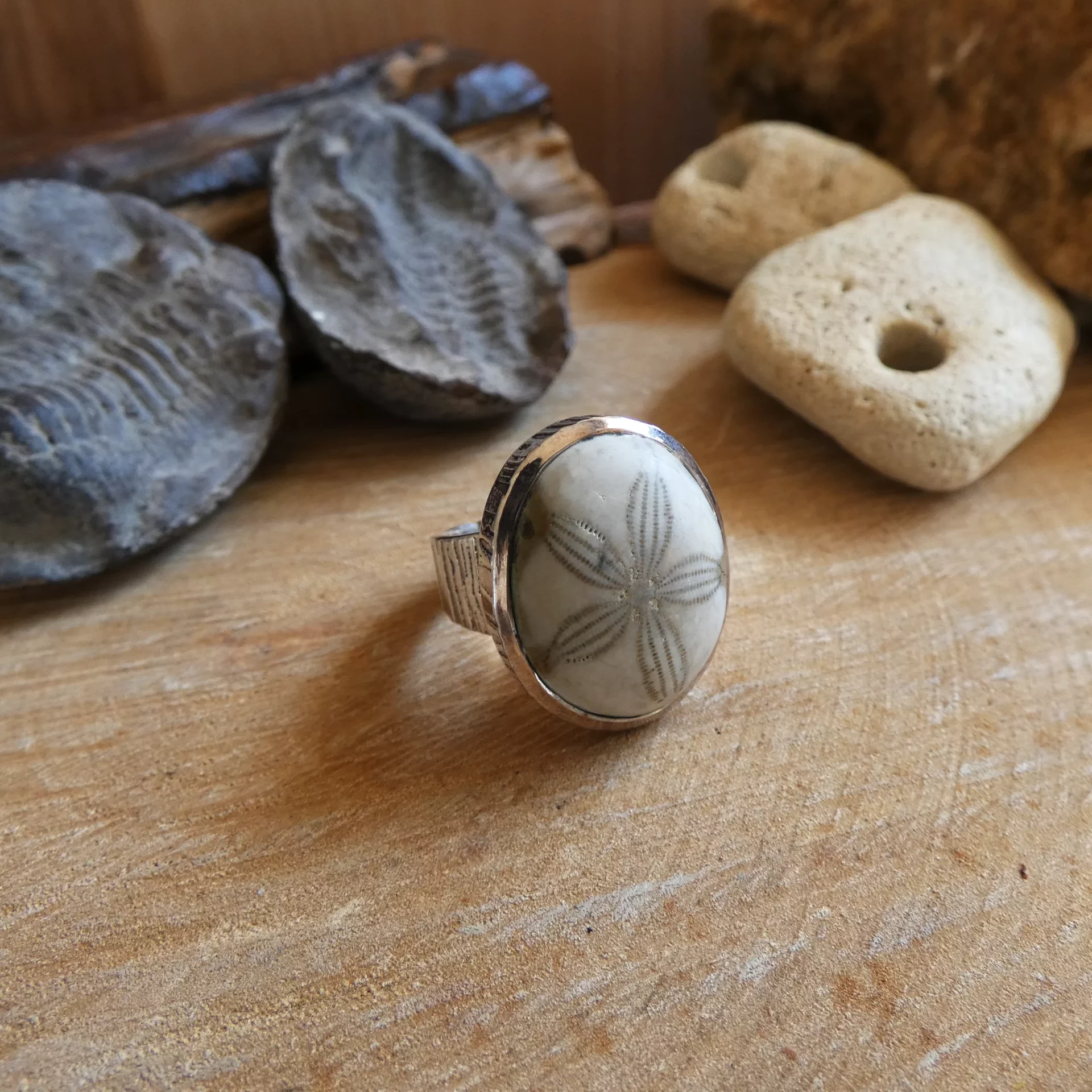 Bague Arte Fact argent et fossile d'oursin