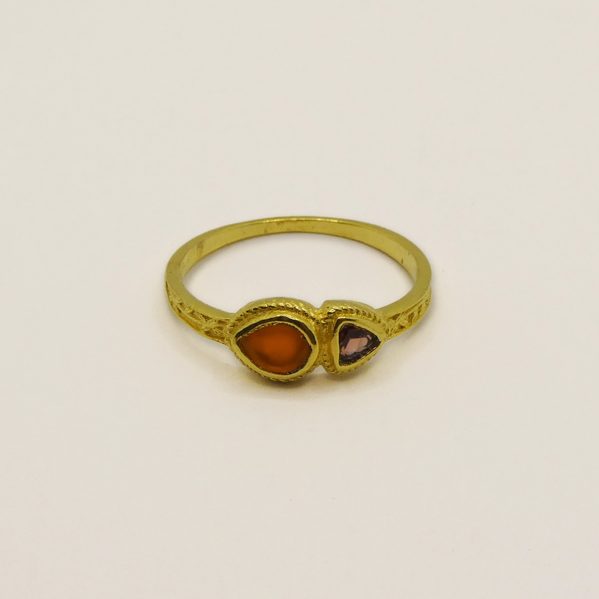 Bague Muja Juma argent plaqué or 3 microns, cornaline et améthyste