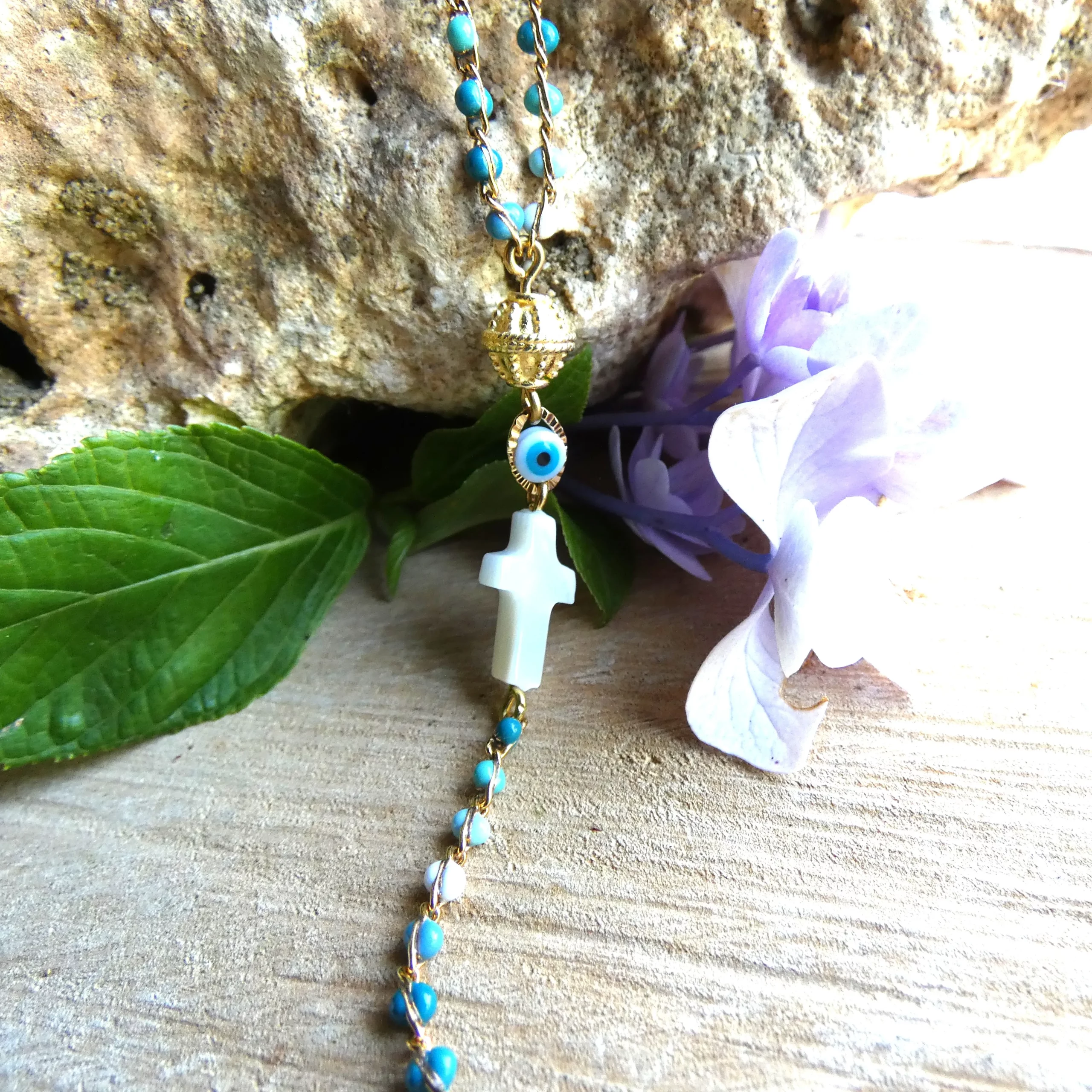 Collier Y Arte Fact Santorin oeil et croix en nacre